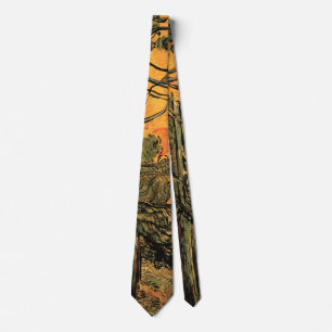 Pine Trees Red Sky Setting Sun by Vincent van Gogh Neck Tie