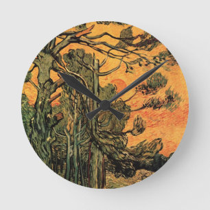 Pine Trees Red Sky Setting Sun by Vincent van Gogh Round Clock