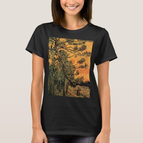 Pine Trees Red Sky Setting Sun by Vincent van Gogh T_Shirt