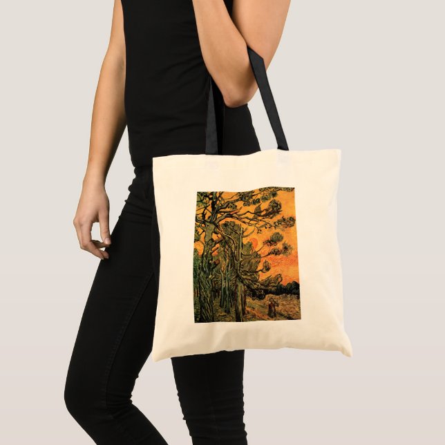 Pine Trees Red Sky Setting Sun by Vincent van Gogh Tote Bag (Front (Product))