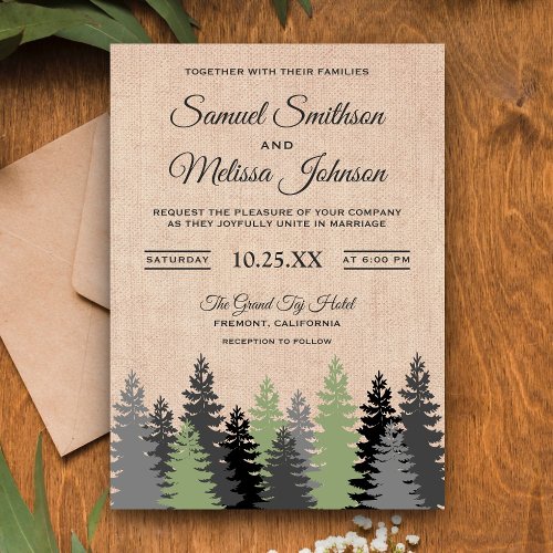 Pine Trees Rustic Burlap Winter Wedding Invitation