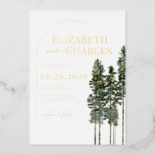 Pine Trees Rustic Minimalist Elegant Wedding Foil Invitation