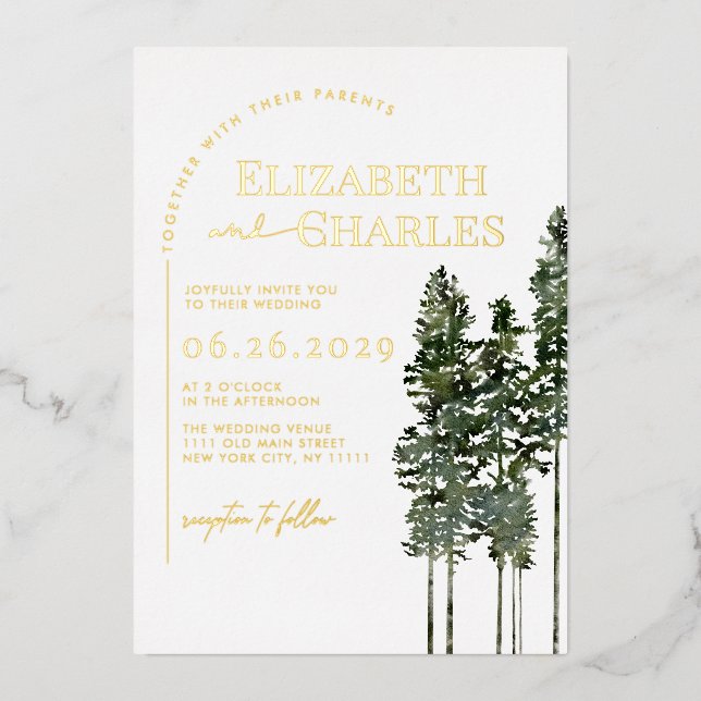 Pine Trees Rustic Minimalist Elegant Wedding Foil Invitation (Front)