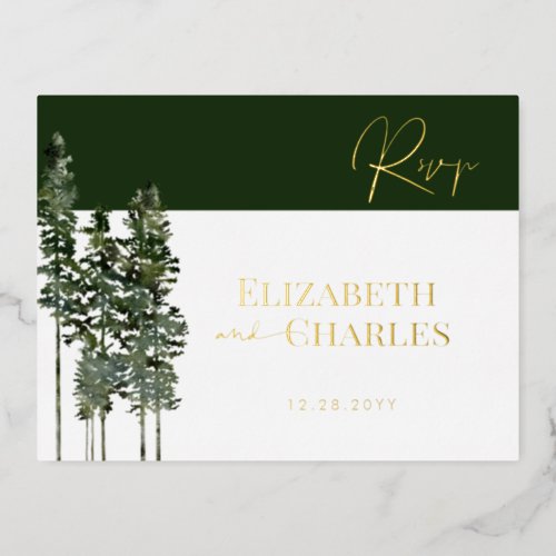 Pine Trees Rustic Minimalist Elegant Wedding RSVP Foil Invitation Postcard