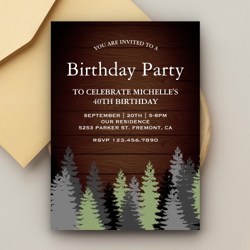 Pine Trees Rustic Wood Winter Birthday Party Invitation