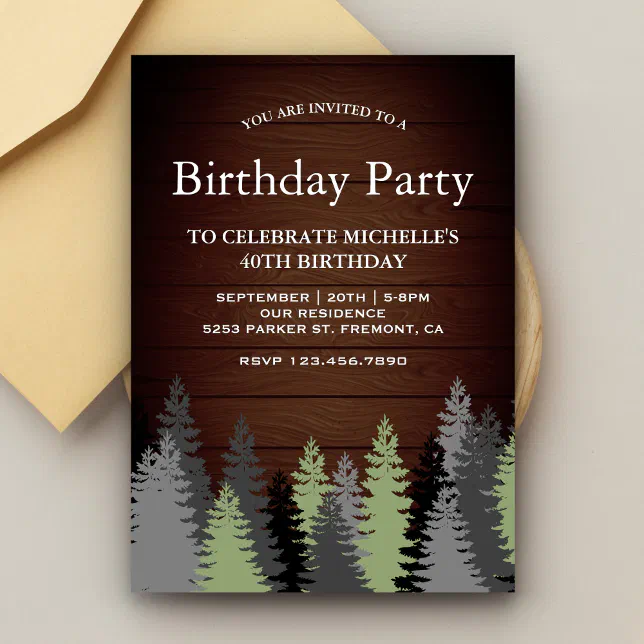 Pine Trees Rustic Wood Winter Birthday Party Invitation | Zazzle