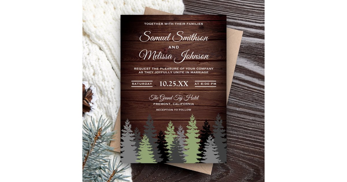 Pine Trees Rustic Wood Winter Wedding Invitation | Zazzle