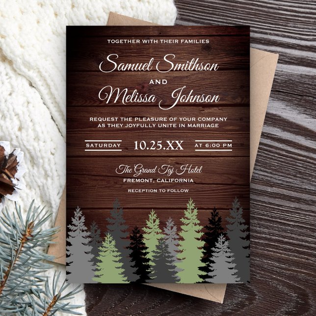 Pine Trees Rustic Wood Winter Wedding Invitation (Creator Uploaded)