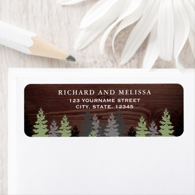 Pine Trees Rustic Wood Winter Wedding Label (Insitu)