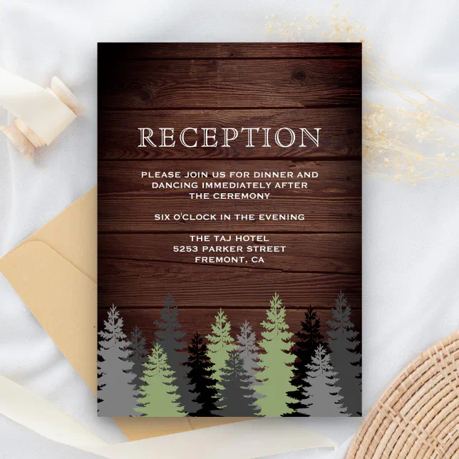 Pine Trees Rustic Wood Winter Wedding Reception Enclosure Card | Zazzle