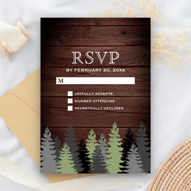 Pine Trees Rustic Wood Winter Wedding RSVP Card | Zazzle