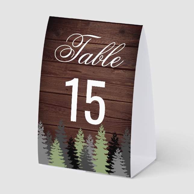 Pine Trees Rustic Wood Winter Wedding Table Number Paper Table Tent (Front)