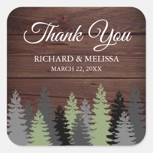 Pine Trees Rustic Wood Winter Wedding Thank You Square Sticker