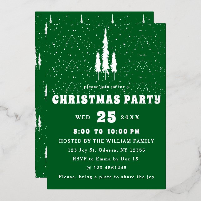 Pine Trees Snow Falling Christmas Party Foil Invitation (Front/Back)
