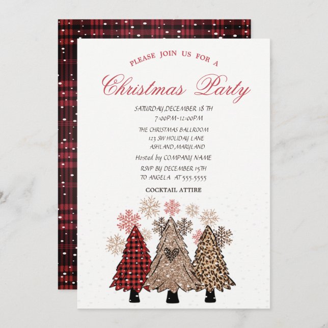  Pine Trees Snow Red Plaid Christmas Party  Invitation (Front/Back)