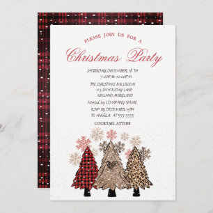 Pine Trees Snow Red Plaid Christmas Party Invitation