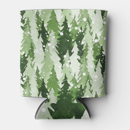 Pine Trees Snow Watercolor Christmas Can Cooler