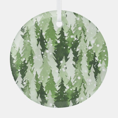 Pine Trees Snow Watercolor Christmas Glass Ornament