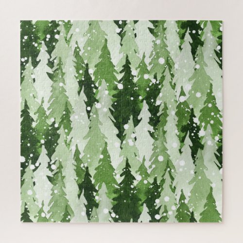 Pine Trees Snow Watercolor Christmas Jigsaw Puzzle