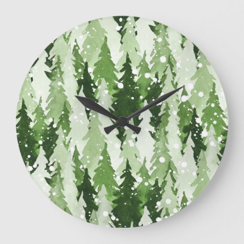 Pine Trees Snow Watercolor Christmas Large Clock