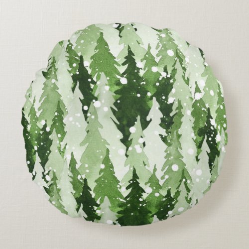 Pine Trees Snow Watercolor Christmas Round Pillow