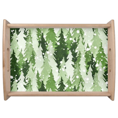 Pine Trees Snow Watercolor Christmas Serving Tray