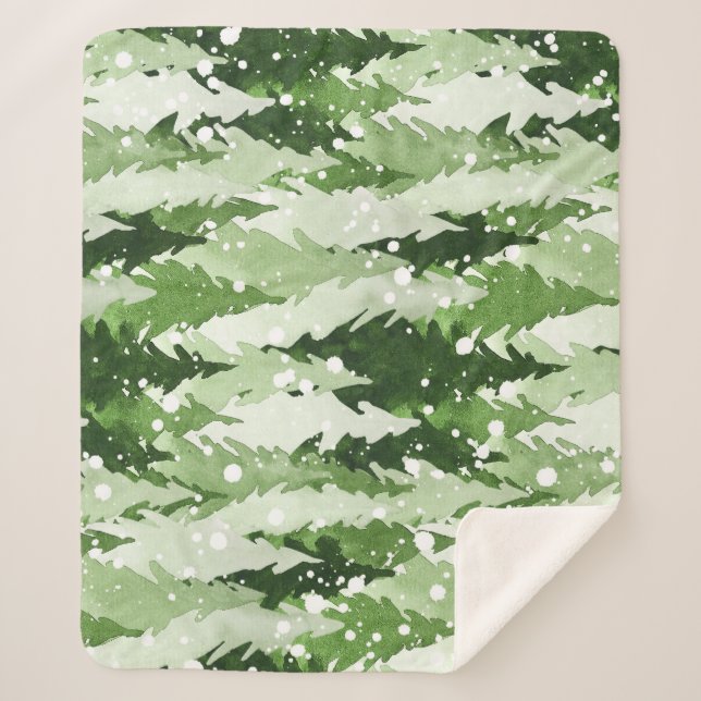 Pine Trees Snow: Watercolor Christmas. Sherpa Blanket (Front)