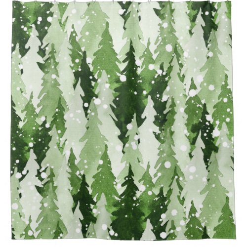 Pine Trees Snow Watercolor Christmas Shower Curtain