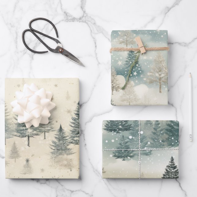  Pine Trees Snow Watercolor Christmas Wrapping Paper Sheets (Front)
