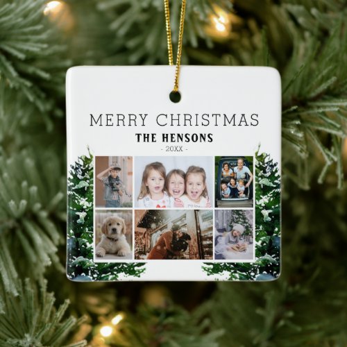 Pine Trees Snow Watercolor Family 6 Photo Collage  Ceramic Ornament