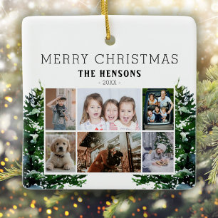Pine Trees Snow Watercolor Family 6 Photo Collage Ceramic Ornament