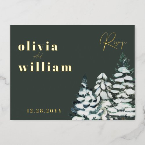 Pine Trees Snow Winter Christmas Holiday RSVP Foil Invitation Postcard