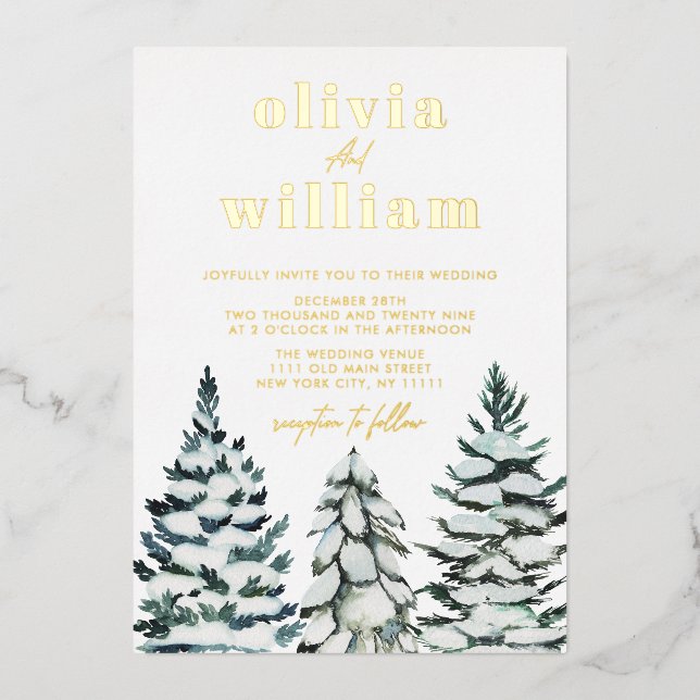 Pine Trees Snow Winter Christmas Holiday Wedding Foil Invitation (Front)