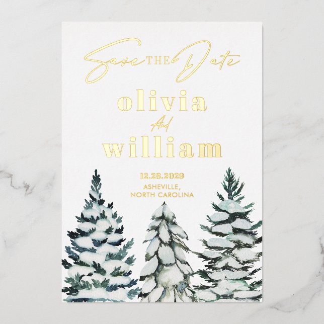 Pine Trees Snow Winter Christmas Save The Date Foil Invitation (Front)