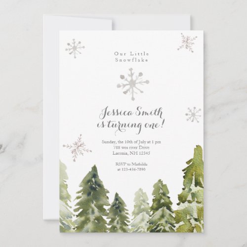 Pine Trees Snowflakes 1st birthday Invitation