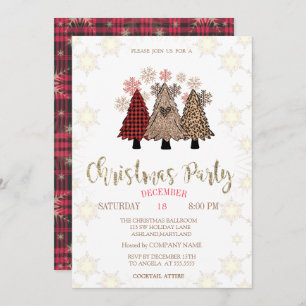 Pine Trees Snowflakes Buffalo Plaid Christmas Invitation