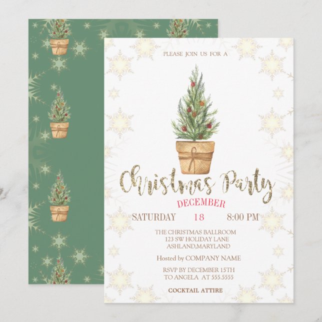 Pine Trees Snowflakes Christmas Party Invitation (Front/Back)