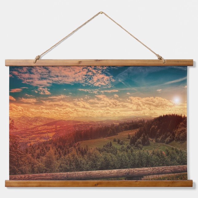 Pine Trees Under Blue Sky During Golden Hour Hanging Tapestry (Front)