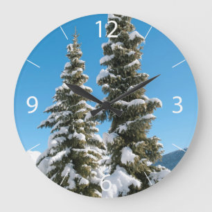 Pine trees under the Snow Large Clock