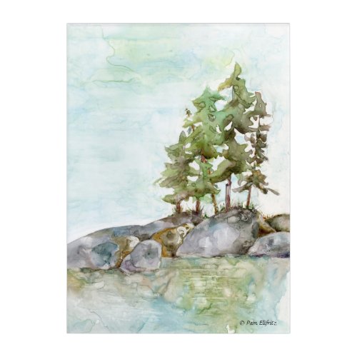 Pine Trees Water  Rocks Watercolor of BWCAW MN Acrylic Print