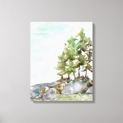 Pine Trees Water  Rocks Watercolor of BWCAW MN Canvas Print