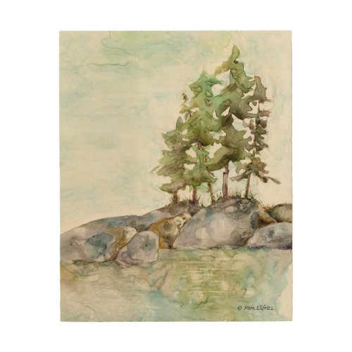 Pine Trees Water  Rocks Watercolor of BWCAW MN   Wood Wall Art