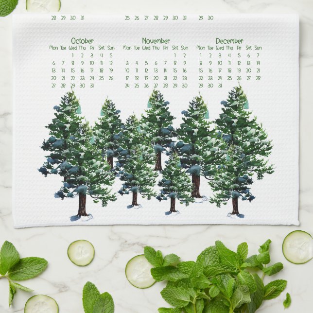 Pine Trees Watercolor Painting Calendar 2025 Kitchen Towel (Folded)