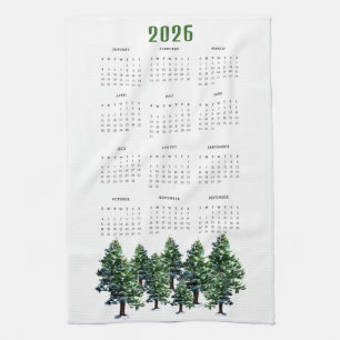 Pine Trees Watercolor Painting Calendar 2026 Kitchen Towel