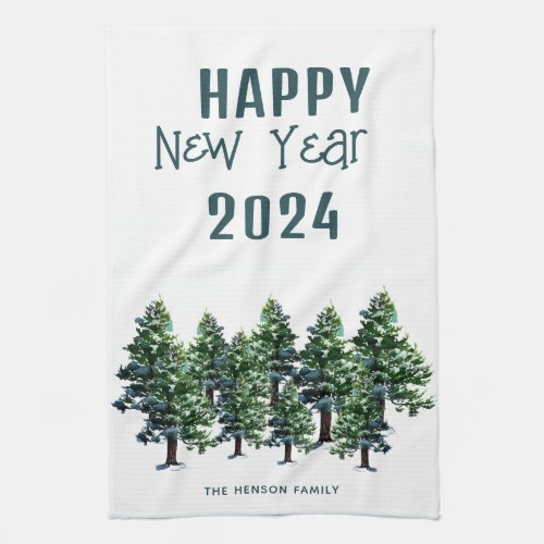 Pine Trees Watercolor Painting Happy New Year 2024 Kitchen Towel