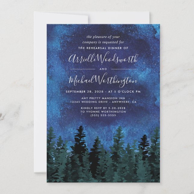 Pine Trees Watercolor Rehearsal Dinner Invitations (Front)