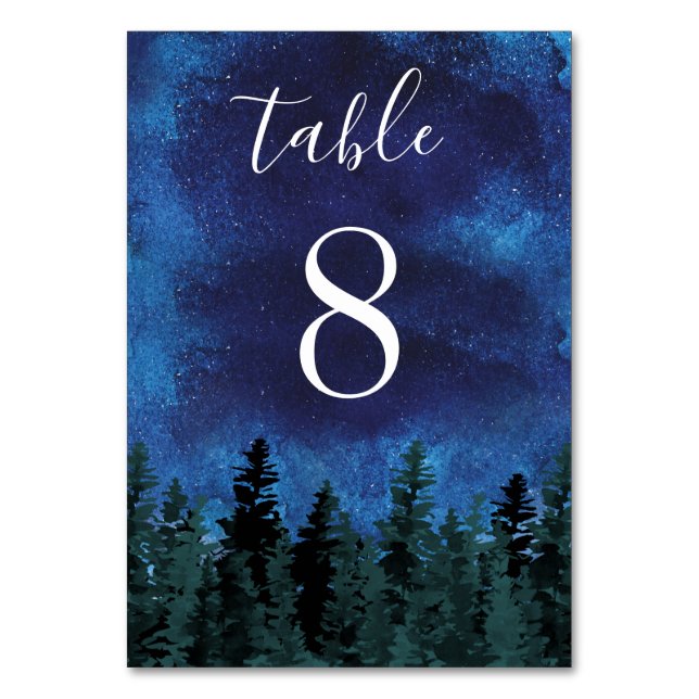 Pine Trees Watercolor Rustic Evergreen Wedding Table Number (Front)