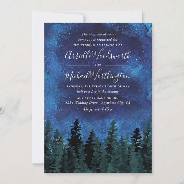 Pine Trees Watercolor Rustic Wedding Invitations (Front)
