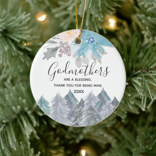 Pine Trees Winter Godmothers Blue Ceramic Ornament