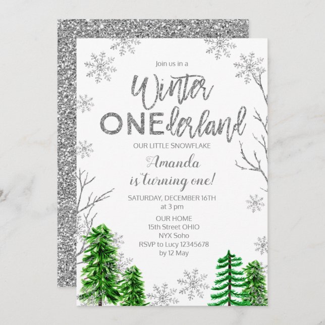Pine Trees Winter ONEderland First Birthday Invite (Front/Back)